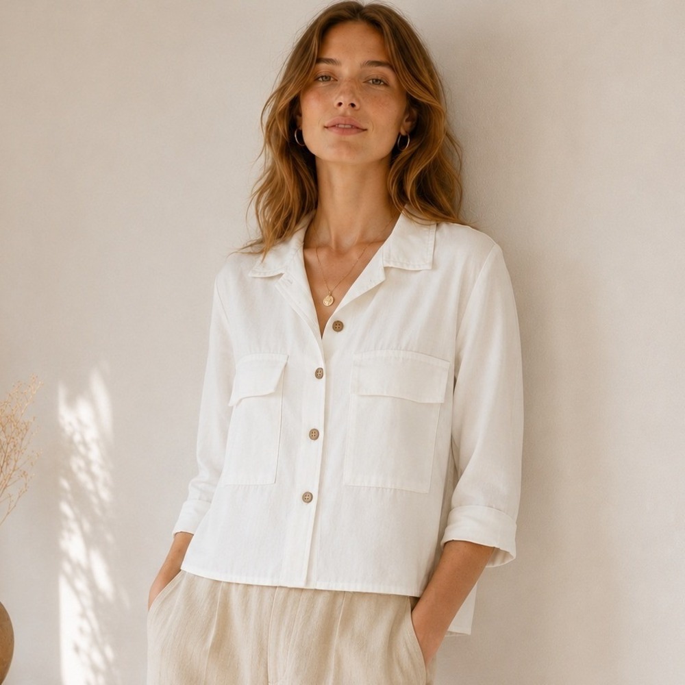 Beulah Womens Utility‎ Button Down Shirt Pocket White Small